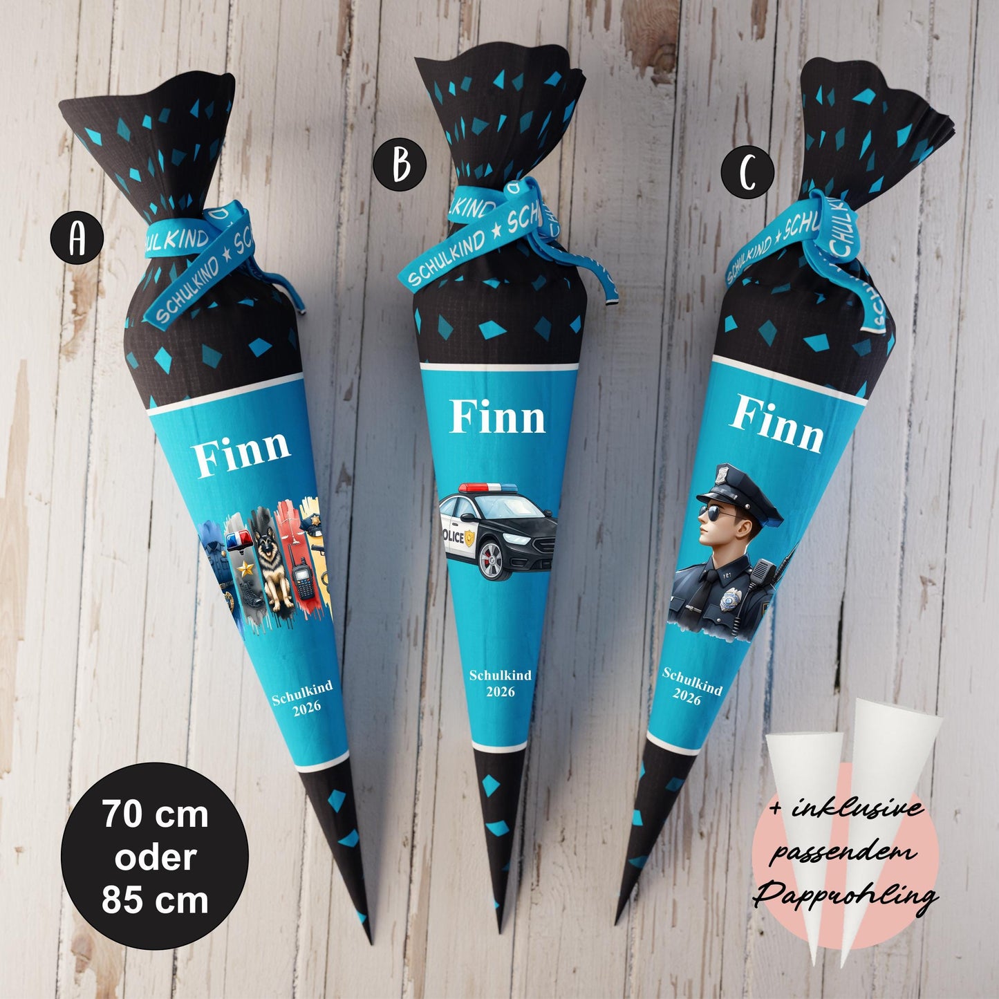 Schultüte: Polizei, Crime, Räuber - DIY Näh-Set 70 cm oder 85 cm - selber nähen oder fix&fertig genäht - Polizeistation inkl. Papprohling