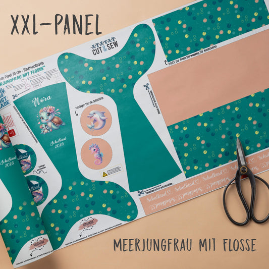 A005 Schultüte: Meerjungfrau mit Flosse - Baumwoll-Panel zum selber nähen - DIY Näh-Set 70 cm - mit Namen & Schulkind 2026