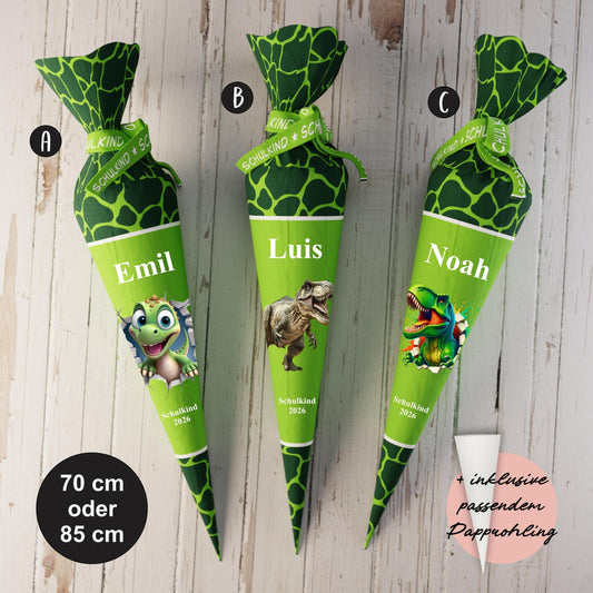 Schultüte: Dino, T-Rex - DIY Näh-Set 70 cm oder 85 cm - selber nähen oder fix&fertig genäht - Dino Schuppen Grün inkl. Papprohling
