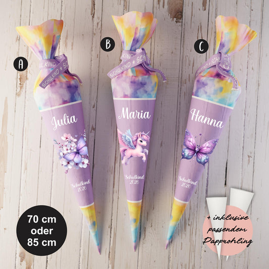 Schultüte: Schmetterling, Einhorn- DIY Näh-Set 70 cm oder 85 cm - selber nähen oder fix&fertig genäht - Auf dem Regenbogen inkl. Papprohling