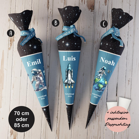 Schultüte: Astronaut, Rakete - DIY Näh-Set 70 cm oder 85 cm - selber nähen oder fix&fertig genäht - Weltall Nachtblau inkl. Papprohling