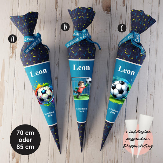 Schultüte: Fussball, Spieler, Soccer - DIY Näh-Set 70 cm oder 85 cm - selber nähen oder fix&fertig genäht - Stürmer Blau inkl. Papprohling