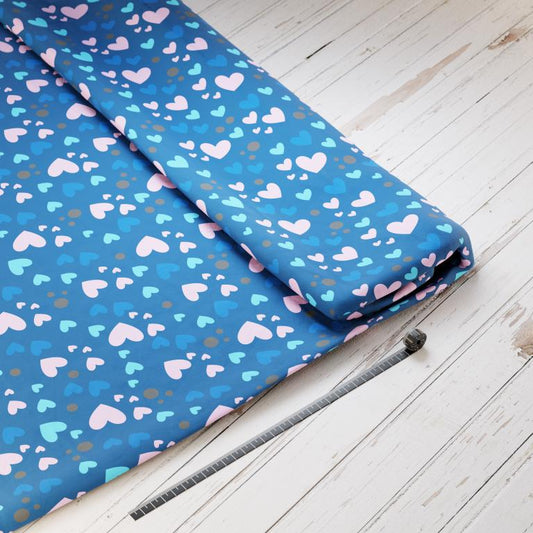 Baumwollsatin: Herzen im Meer - perfekt für Schultüten, Accessoires zur Einschulung - Ocean, Sea, Herzen, Muschel, Blau, Rosa, Meerjungfrau