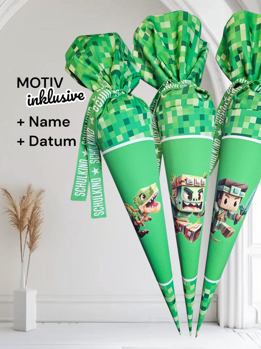 Schultüte mit Motiv (Bügelbild / bedruckt) - 70cm oder 85cm - Dino, Monster, Kämpf auf Green Blocks inklusive Name und Datum