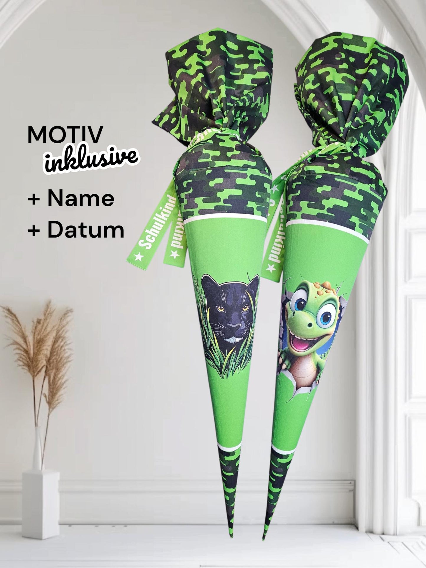 Schultüte mit Motiv (Bügelbild / bedruckt) - 70cm oder 85cm - Panther oder Baby Dino auf Black Jungle inklusive Name und Datum