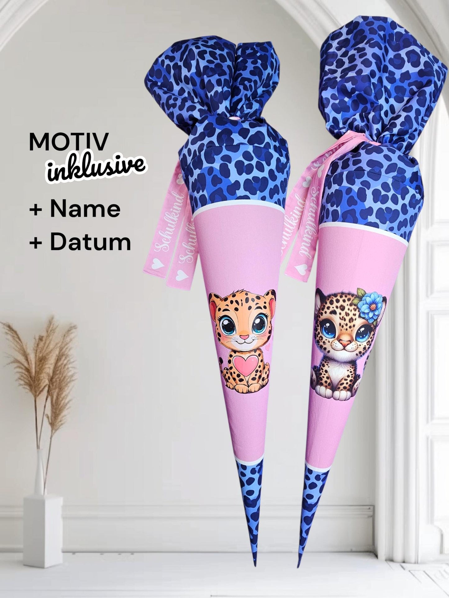Schultüte mit Motiv (Bügelbild / bedruckt) - 70cm oder 85cm - Baby Gepard auf Blue Gepard inklusive Name und Datum