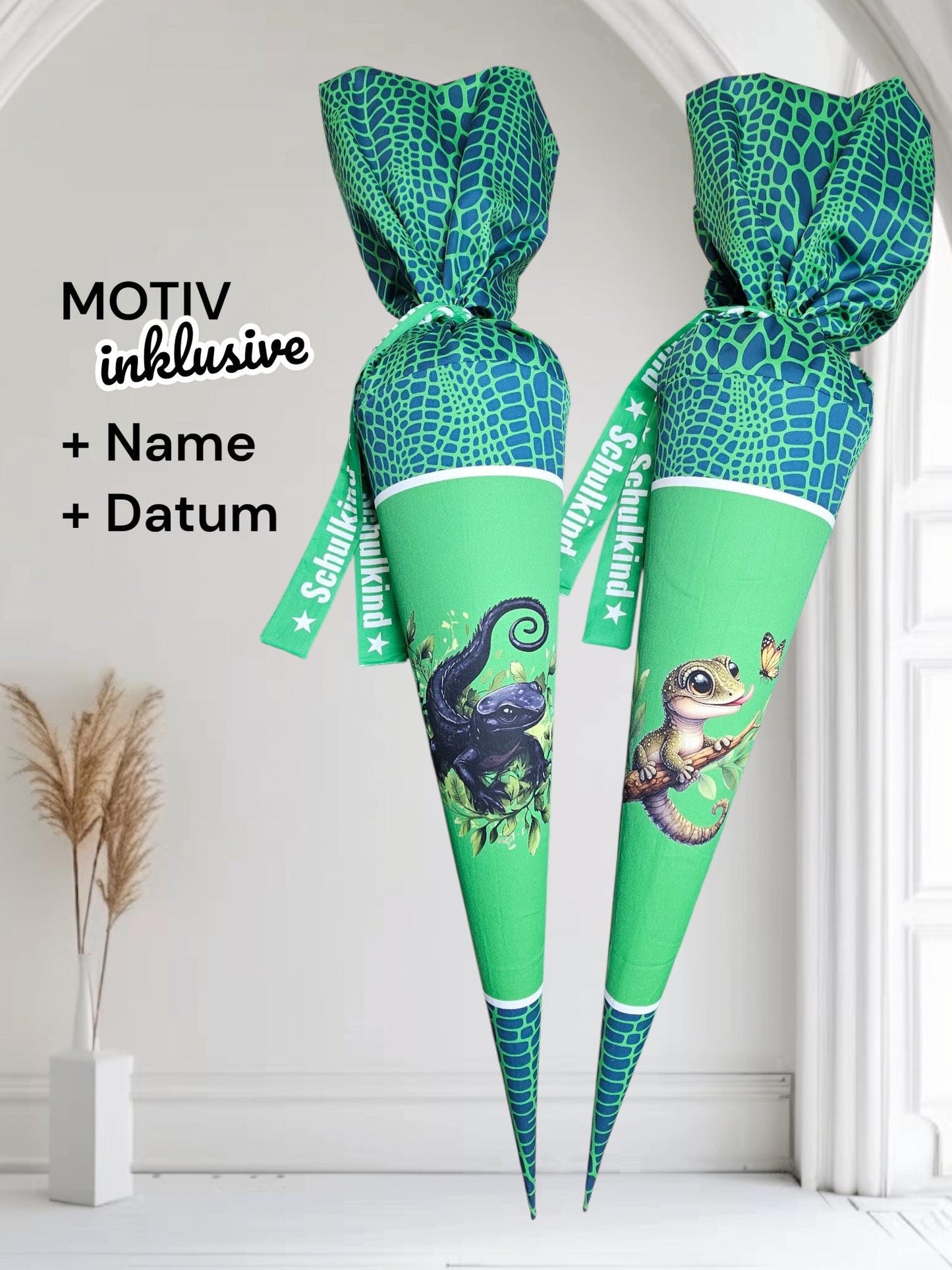 Schultüte mit Motiv (Bügelbild / bedruckt) - 70cm oder 85cm - Eidechse auf Eidechsenhaut inklusive Name und Datum