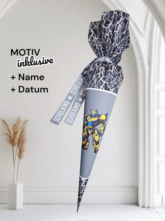 Schultüte mit Motiv (Bügelbild / bedruckt) - 70cm oder 85cm - Roboter auf Blitze Schwarz Weiß inklusive Name und Datum