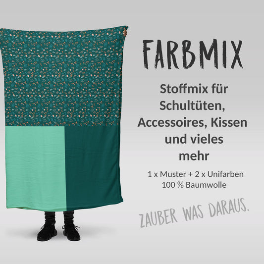 Stoffmix PANEL: Rehe im Wald (97 cm x 150 cm) - perfekt für Schultüten & Accessoires zur Einschulung | Rehkitz, Wald, Blumen, Grün, Mint