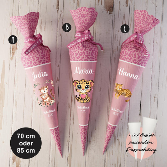 Schultüte: Baby Leo, Gepard - DIY Näh-Set 70 cm oder 85 cm - selber nähen oder fix&fertig genäht - Pink Leo inkl. Papprohling