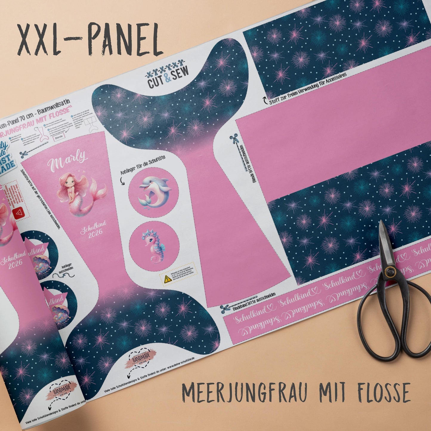 A006 Schultüte: Meerjungfrau mit Flosse - Baumwoll-Panel zum selber nähen - DIY Näh-Set 70 cm - mit Namen & Schulkind 2026
