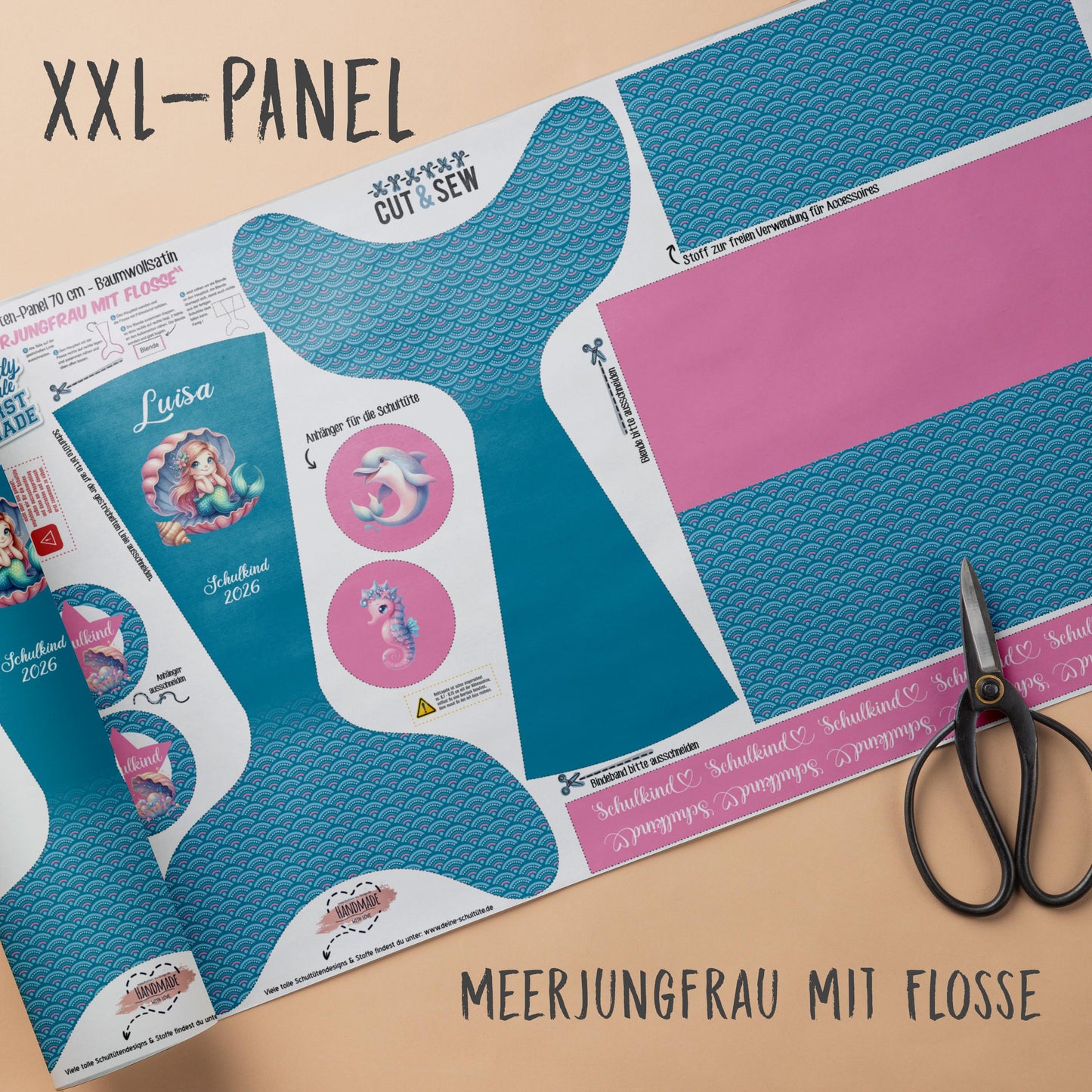 A007 Schultüte: Meerjungfrau mit Flosse - Baumwoll-Panel zum selber nähen - DIY Näh-Set 70 cm - mit Namen & Schulkind 2026