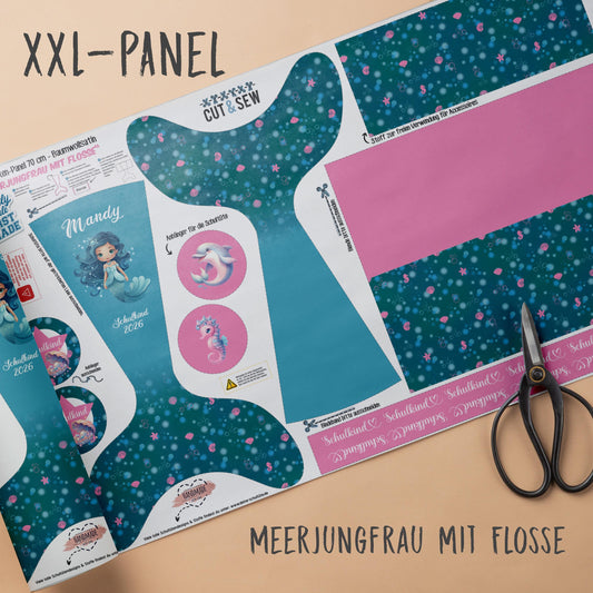 A008 Schultüte: Meerjungfrau mit Flosse - Baumwoll-Panel zum selber nähen - DIY Näh-Set 70 cm - mit Namen & Schulkind 2026