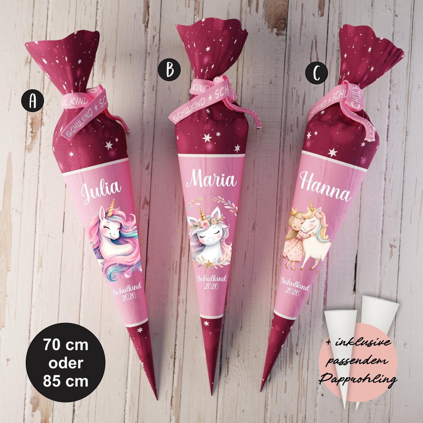 Schultüte: Einhorn - DIY Näh-Set 70 cm oder 85 cm - selber nähen oder fix&fertig genäht - Einhornwelt Beere inkl. Papprohling