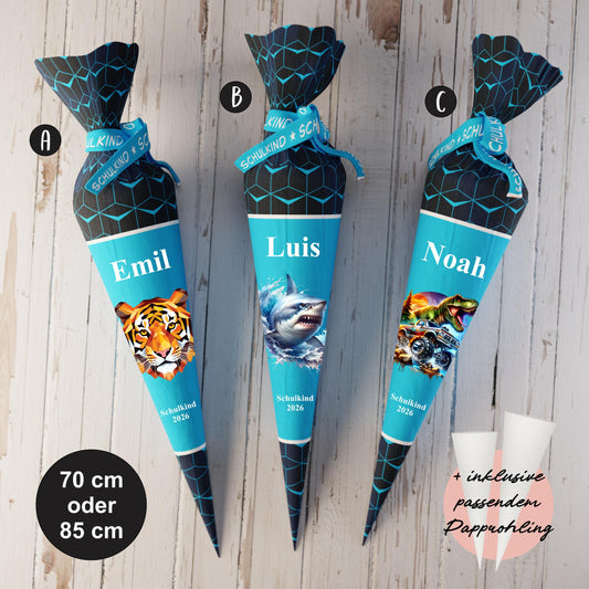 Schultüte: Tiger, Hai, Dino - DIY Näh-Set 70 cm oder 85 cm - selber nähen oder fix&fertig genäht - Night Cubes inkl. Papprohling