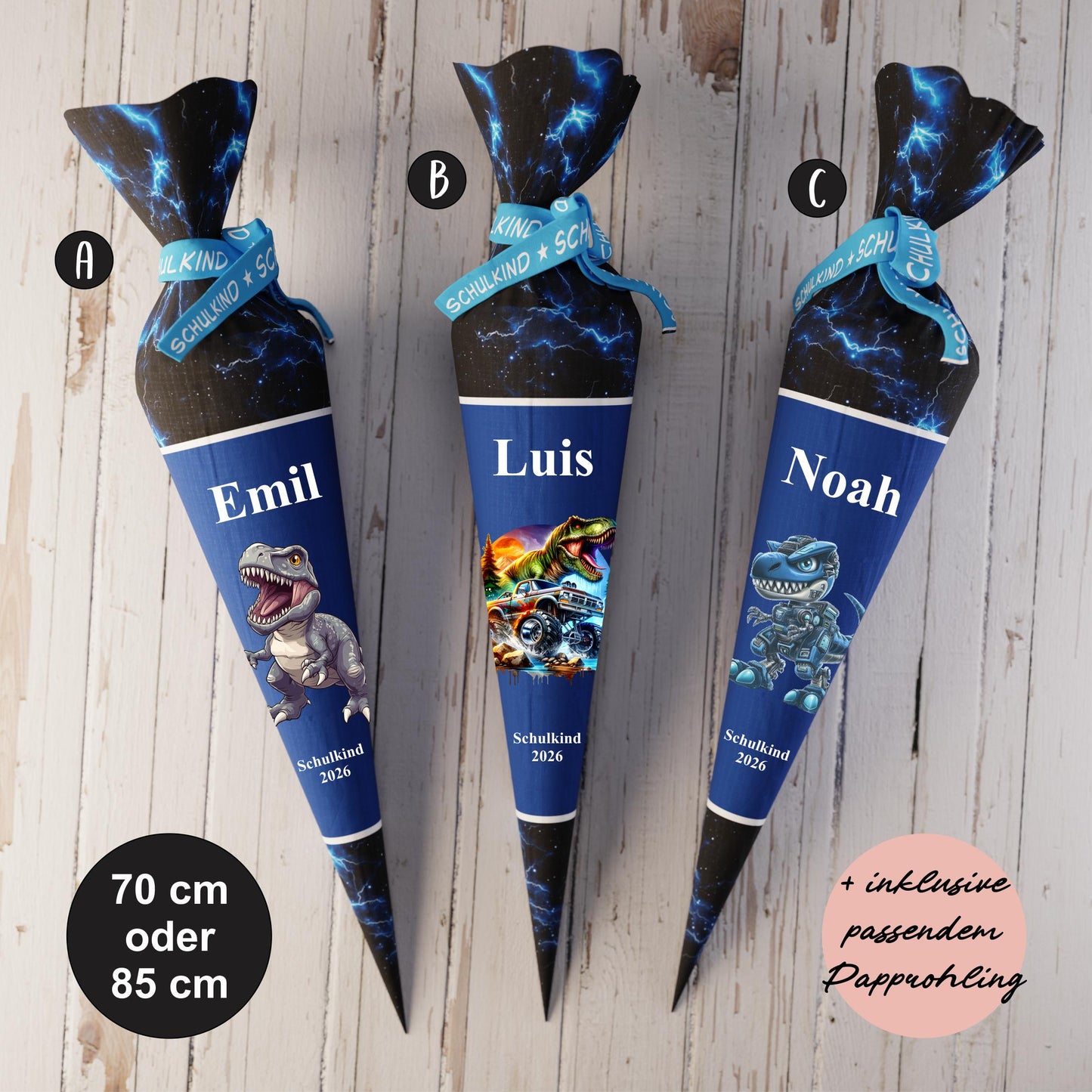 Schultüte: Dino, T-Rex - DIY Näh-Set 70 cm oder 85 cm - selber nähen oder fix&fertig genäht - Gewitter im Weltall inkl. Papprohling