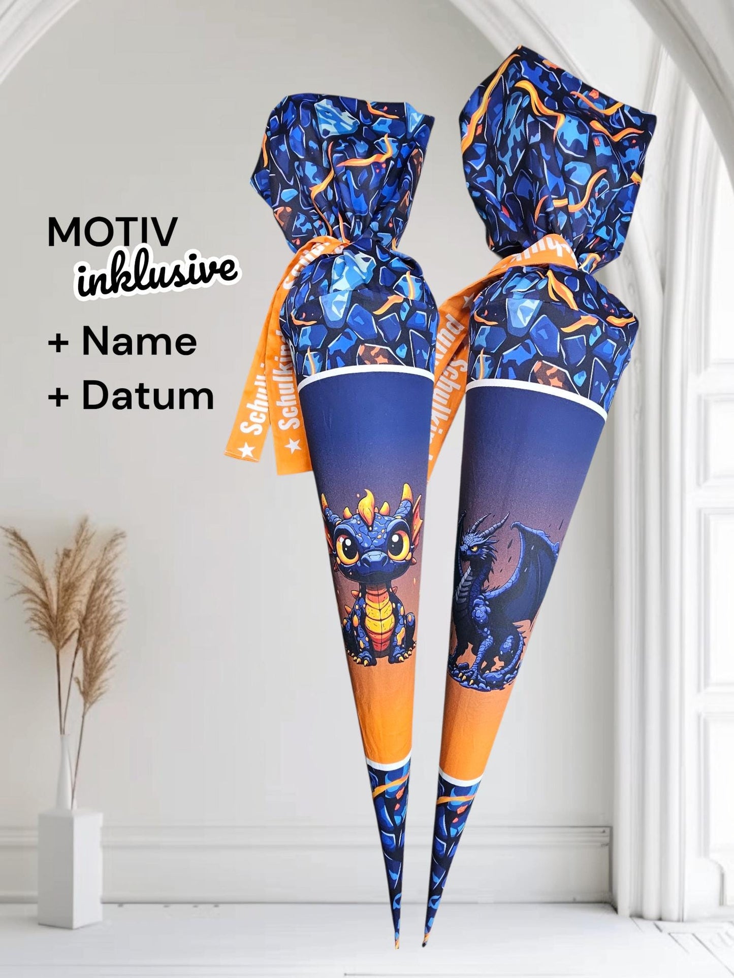 Schultüte mit Motiv (Bügelbild / bedruckt) - 70cm oder 85cm - Drache auf Drachenstark inklusive Name und Datum