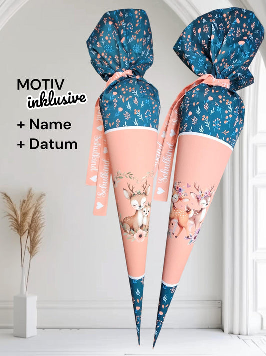 Schultüte mit Motiv (Bügelbild / bedruckt) - 70cm oder 85cm - Reh und Rehkitz auf Rehe im Wald inklusive Name und Datum