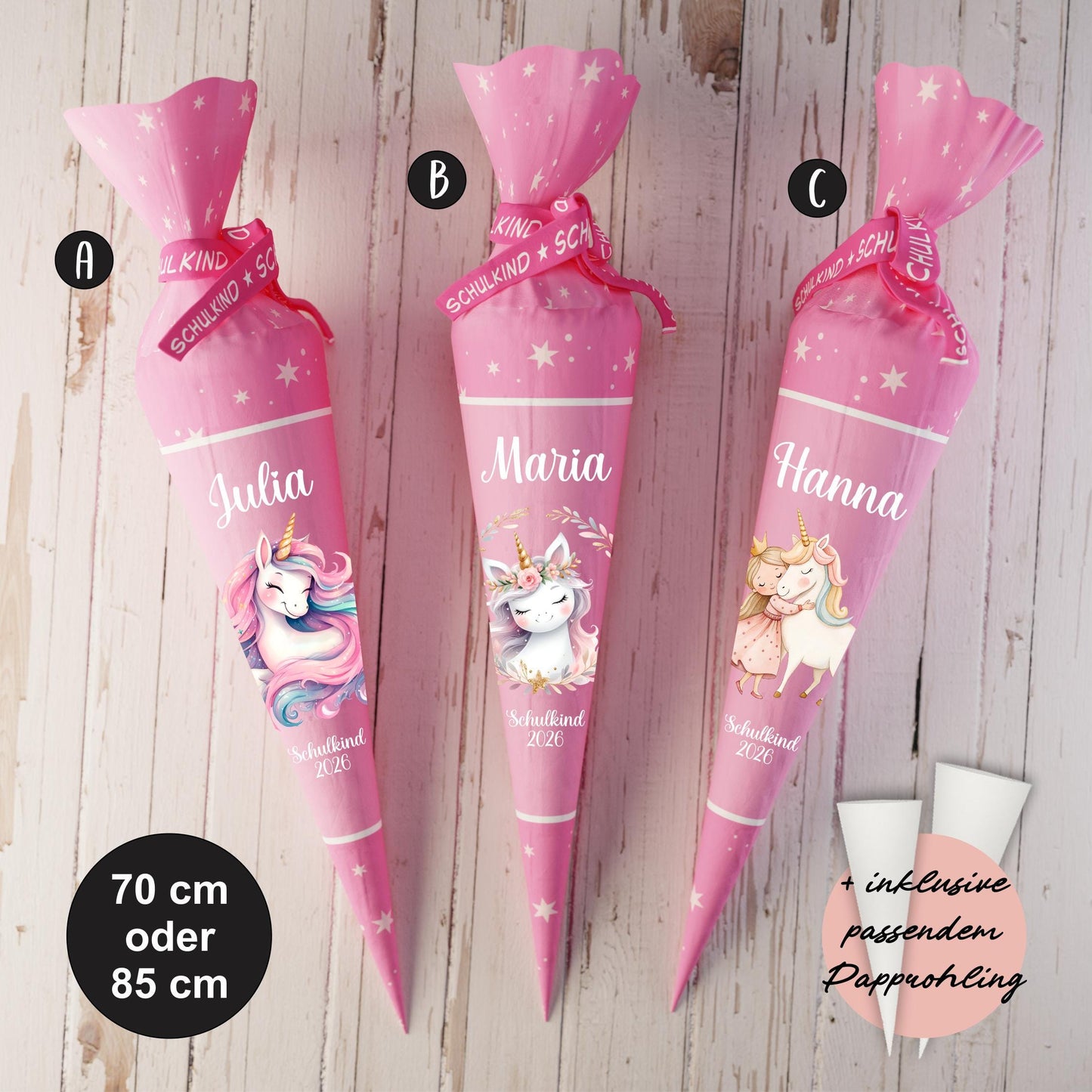 Schultüte: Einhorn - DIY Näh-Set 70 cm oder 85 cm - selber nähen oder fix&fertig genäht - Sterne Rosa inkl. Papprohling