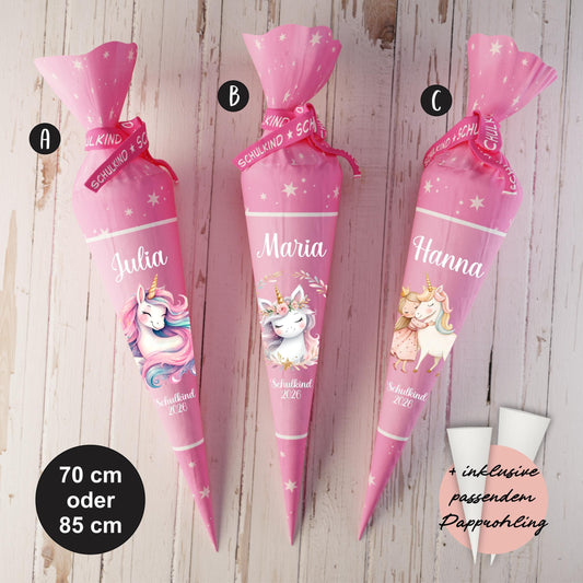 Schultüte: Einhorn - DIY Näh-Set 70 cm oder 85 cm - selber nähen oder fix&fertig genäht - Sterne Rosa inkl. Papprohling