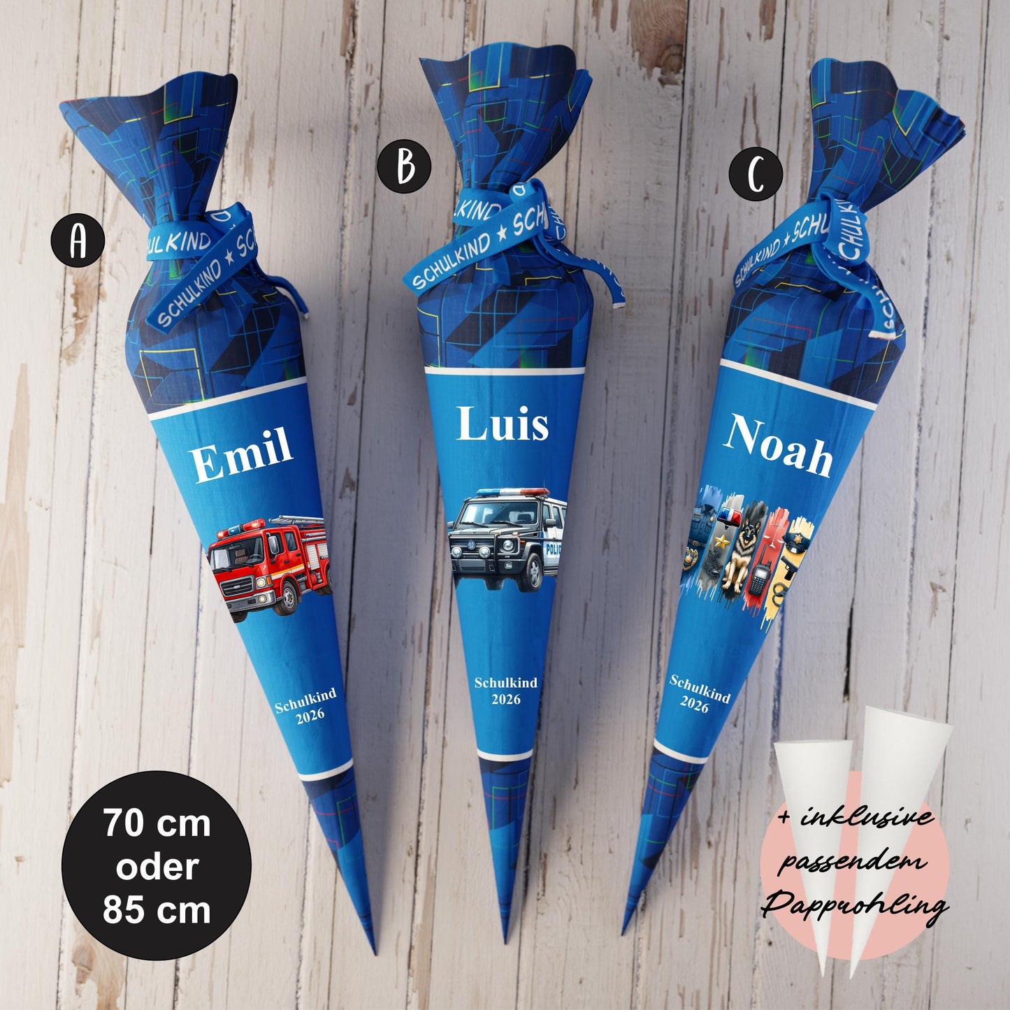 Schultüte: Feuerwehr, Polizei - DIY Näh-Set 70 cm oder 85 cm - selber nähen oder fix&fertig genäht - Blaulicht Team inkl. Papprohling