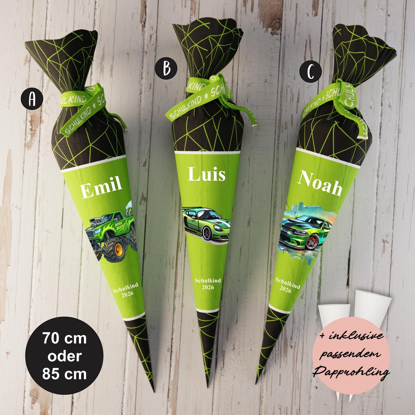 Schultüte: Rennauto, Truck - DIY Näh-Set 70 cm oder 85 cm - selber nähen oder fix&fertig genäht - Vernetzung grün schwarz inkl. Papprohling