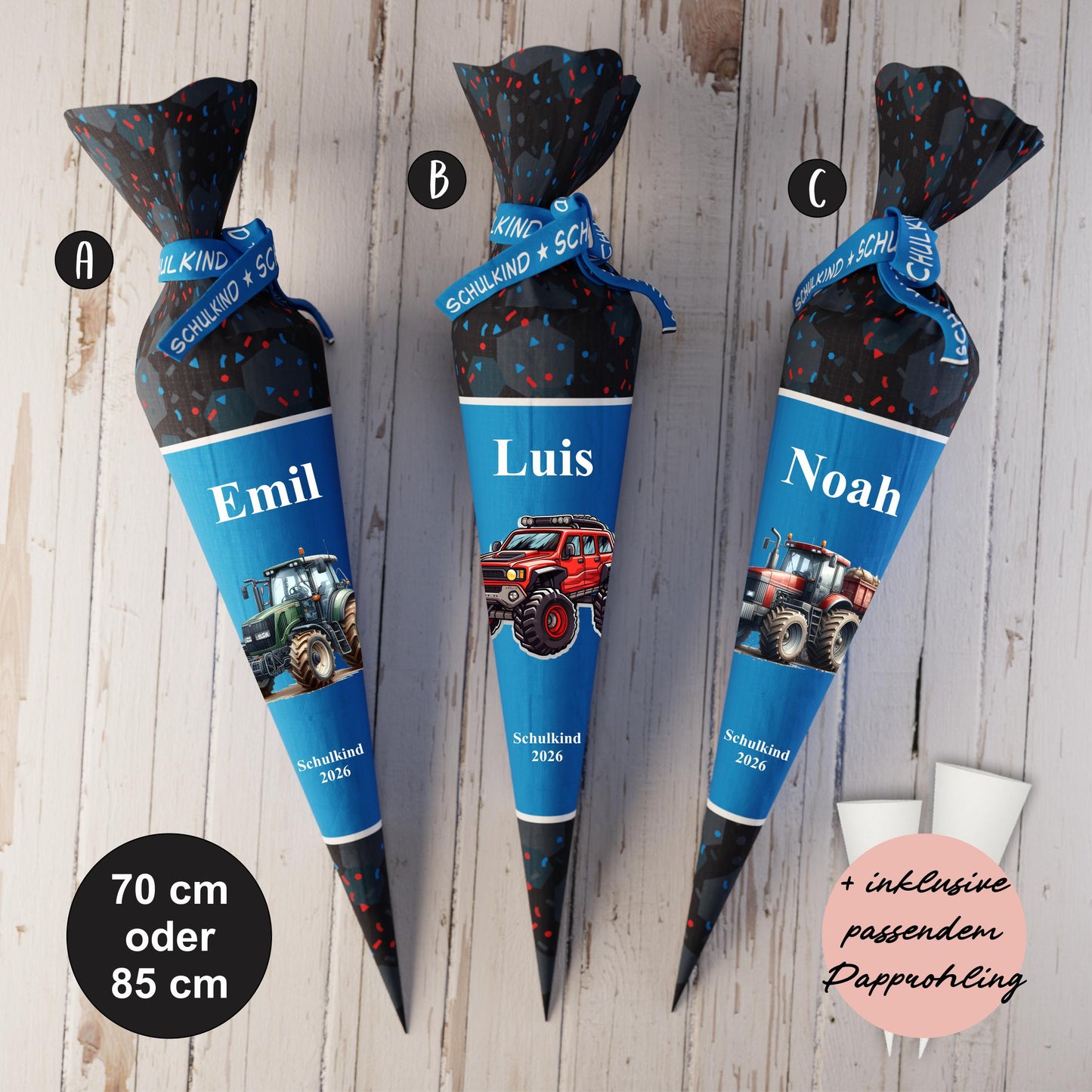 Schultüte: Traktor, SUV - DIY Näh-Set 70 cm oder 85 cm - selber nähen oder fix&fertig genäht - Rotblaues Feld inkl. Papprohling