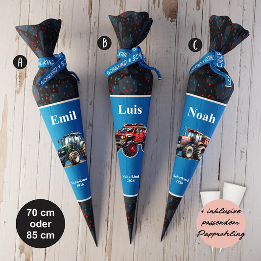 Schultüte: Traktor, SUV - DIY Näh-Set 70 cm oder 85 cm - selber nähen oder fix&fertig genäht - Rotblaues Feld inkl. Papprohling