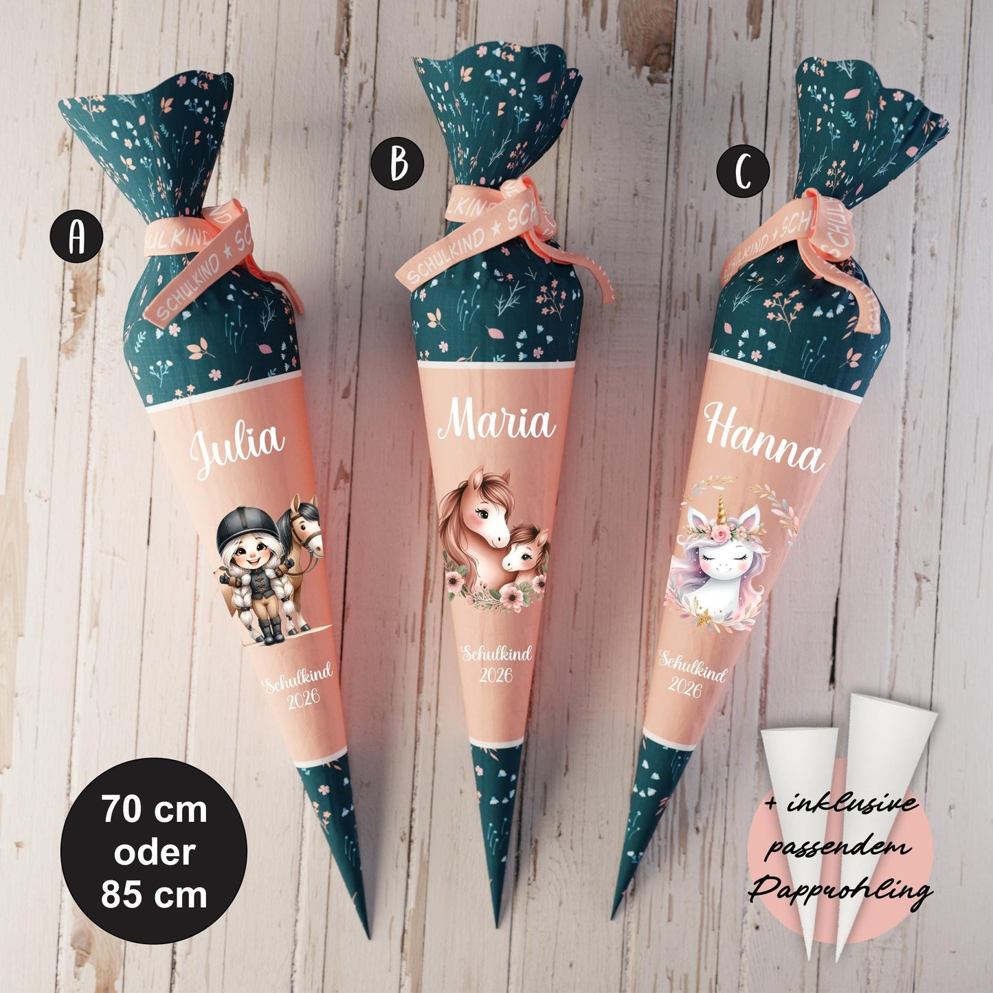 Schultüte: Pferd, Einhorn - DIY Näh-Set 70 cm oder 85 cm - selber nähen oder fix&fertig genäht - Wilde Blumen Altrosa inkl. Papprohling