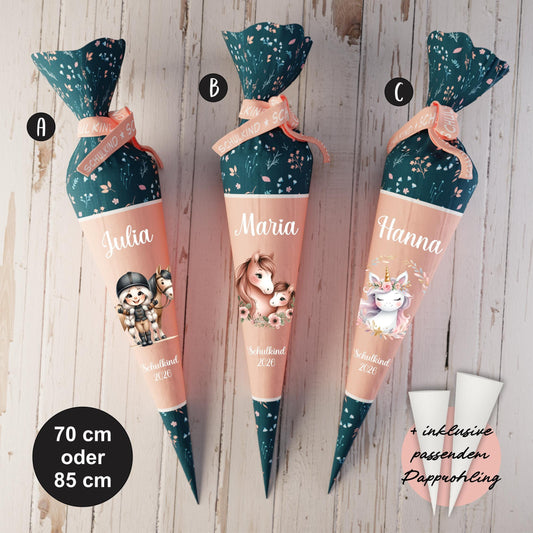 Schultüte: Pferd, Einhorn - DIY Näh-Set 70 cm oder 85 cm - selber nähen oder fix&fertig genäht - Wilde Blumen Altrosa inkl. Papprohling