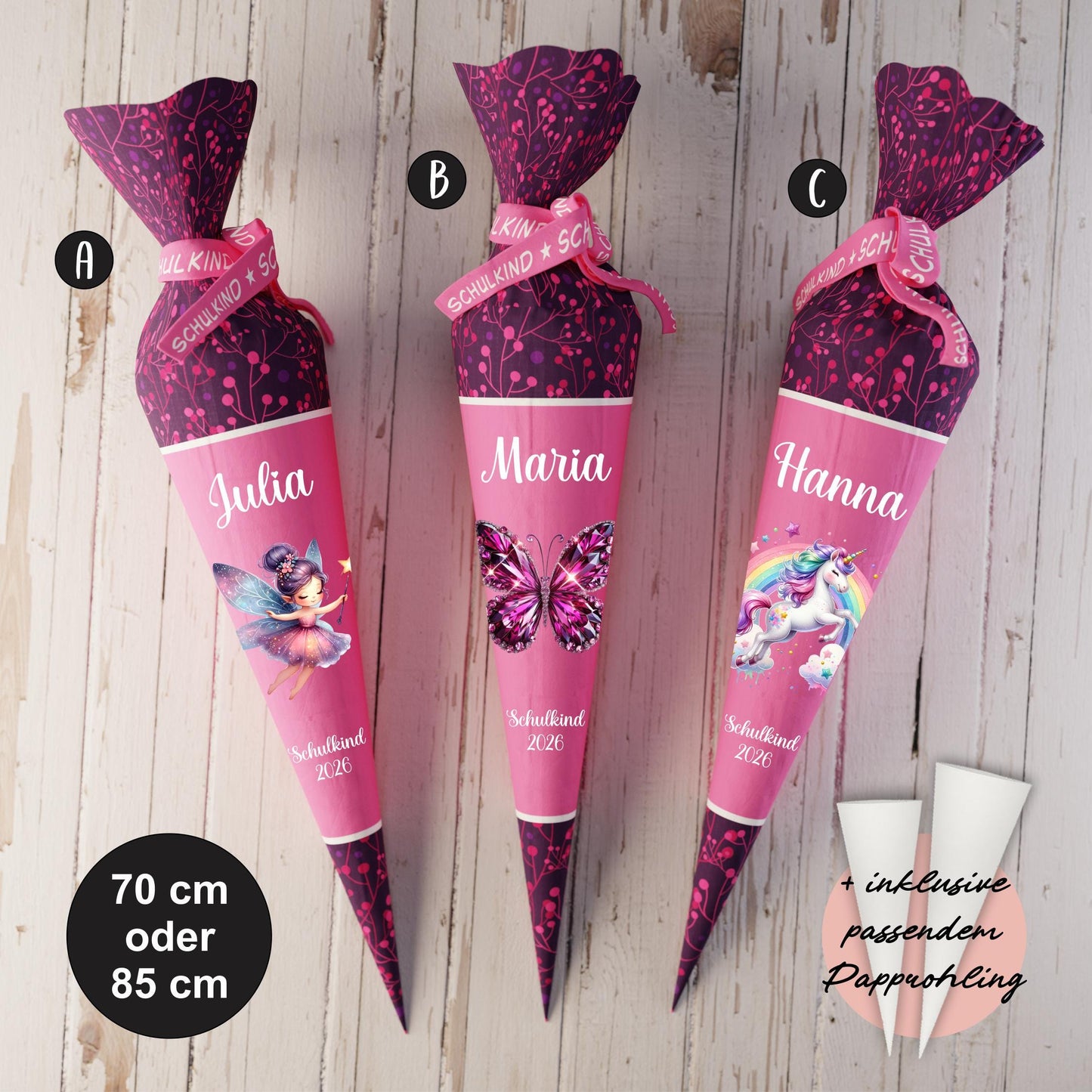 Schultüte: Fee, Schmetterling, Einhorn - DIY Näh-Set 70 cm oder 85 cm - selber nähen oder fix&fertig genäht - Berries Pink inkl. Papprohling