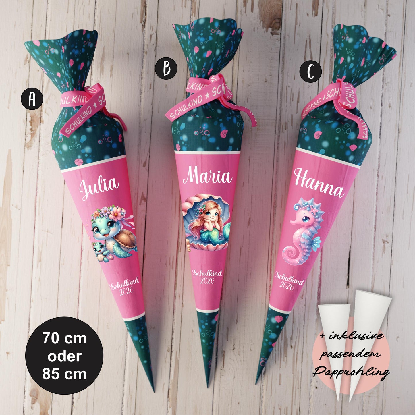 Schultüte: Meerjungfrau, Seepferd - DIY Näh-Set 70 cm oder 85 cm - selber nähen oder fix&fertig genäht - Unterwasser Aqua inkl. Papprohling