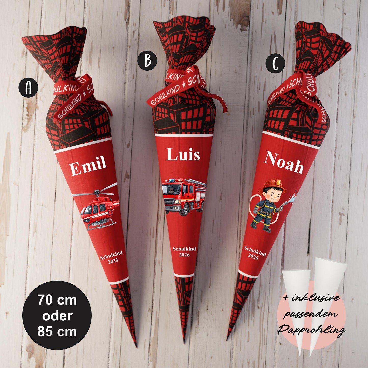 Schultüte: Feuerwehr, Feuerwehrauto - DIY Näh-Set 70 cm oder 85 cm - selber nähen oder fix&fertig genäht - Skyline brennt inkl. Papprohling