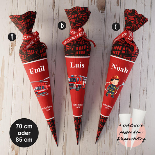 Schultüte: Feuerwehr, Feuerwehrauto - DIY Näh-Set 70 cm oder 85 cm - selber nähen oder fix&fertig genäht - Skyline brennt inkl. Papprohling