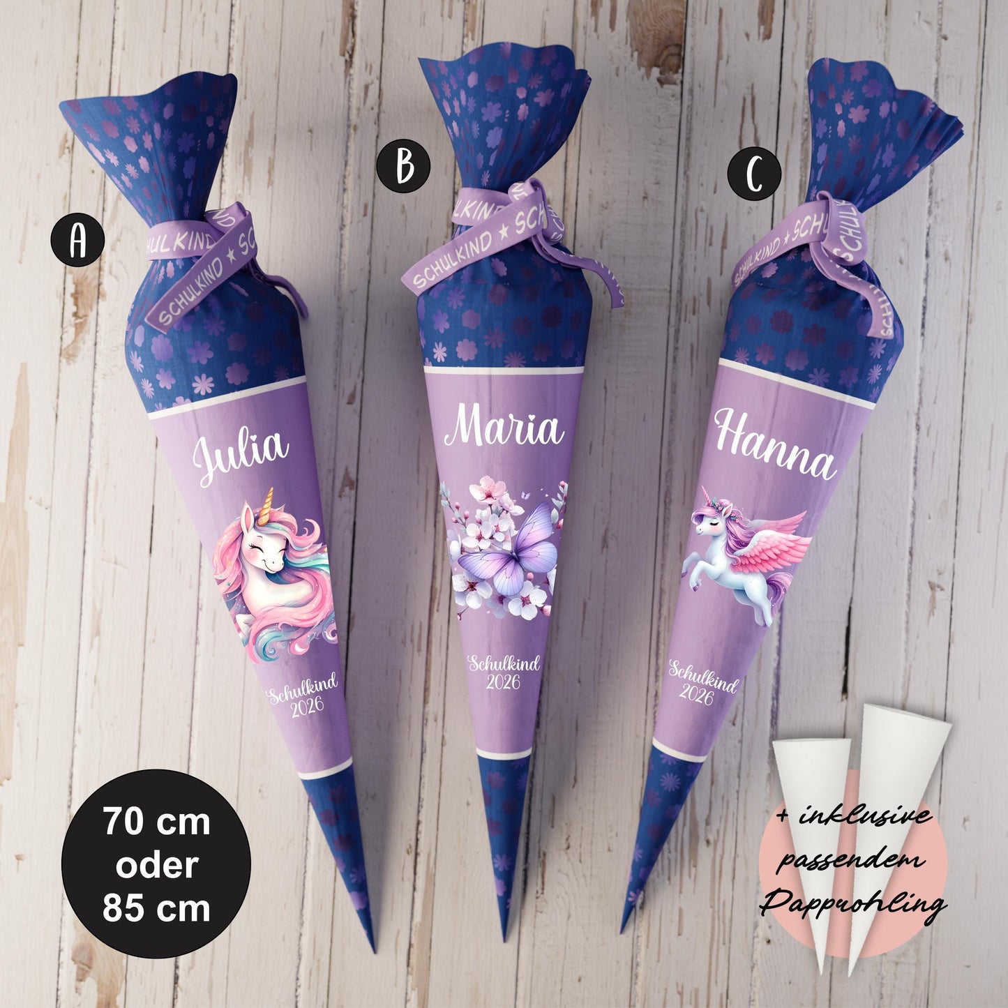 Schultüte: Schmetterlin, Einhorn,Fee - DIY Näh-Set 70 cm oder 85 cm - selber nähen oder fix&fertig genäht - Aquarellblumen inkl. Papprohling