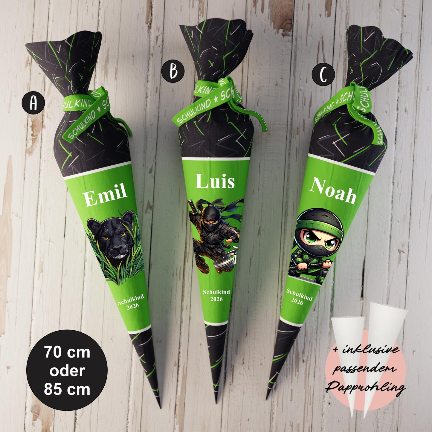 Schultüte: Ninja, Kämpfer,Panther - DIY Näh-Set 70 cm oder 85 cm - selber nähen oder fix&fertig genäht - Ninja Blitze Grün inkl. Papprohling