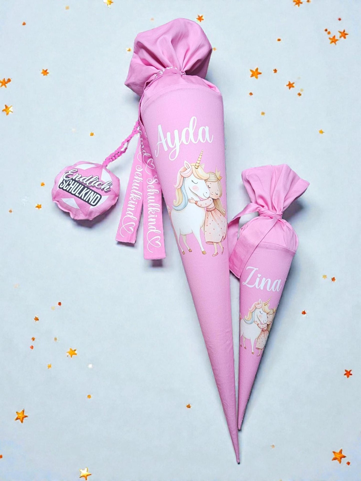 Schultüte mit Prinzessin & Einhorn - 70cm und 35cm Geschwistertüte auf Rosa inklusive Name und Datum