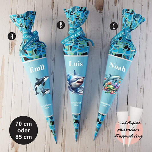 Schultüte: Hai, Wal, Delphin - DIY Näh-Set 70 cm oder 85 cm - selber nähen oder fix&fertig genäht - Aquarium inkl. Papprohling