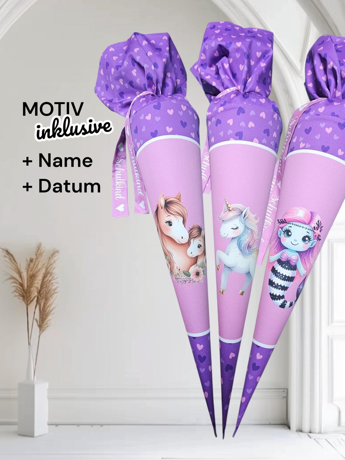 Schultüte mit Motiv (Bügelbild / bedruckt) - 70cm oder 85cm - Pferd, Einhorn auf Ponyliebe inklusive Name und Datum