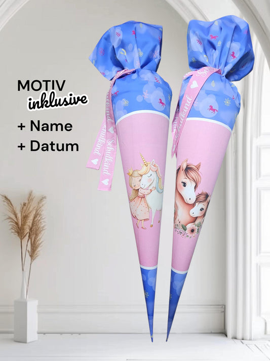Schultüte mit Motiv (Bügelbild / bedruckt) - 70cm oder 85cm - Einhorn, Prinzessin, Pferd auf Hufeisenglück inklusive Name und Datum