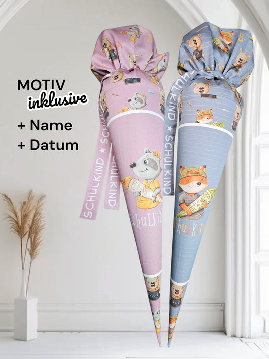 Schultüte mit Motiv (Bügelbild / bedruckt) - 70cm oder 85cm - Fuchs oder Waschbär auf Schulkind Stoff inklusive Name und Datum
