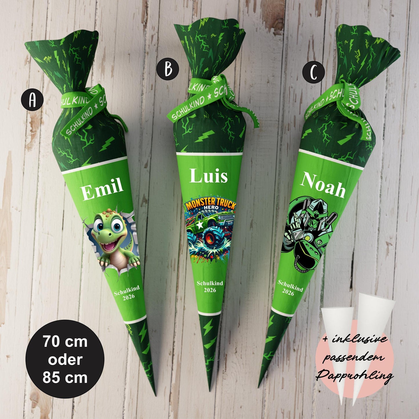 Schultüte: Dino, Truck, Roboter - DIY Näh-Set 70 cm oder 85 cm - selber nähen oder fix&fertig genäht - Blitze Grün inkl. Papprohling