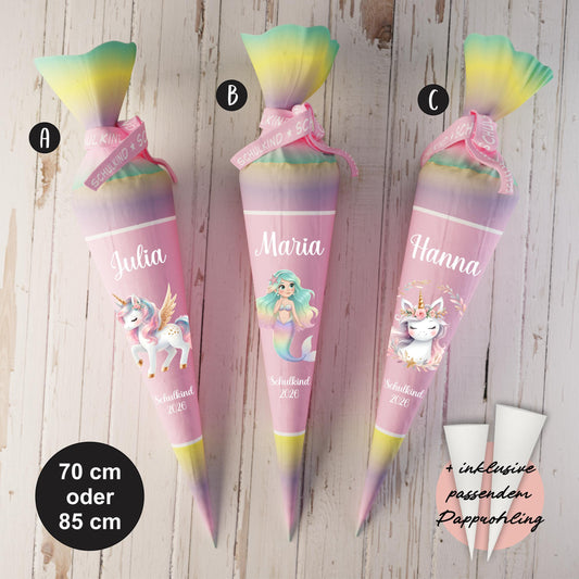 Schultüte: Einhorn, Meerjungfrau - DIY Näh-Set 70 cm oder 85 cm - selber nähen oder fix&fertig genäht - Kristall Pastell inkl. Papprohling