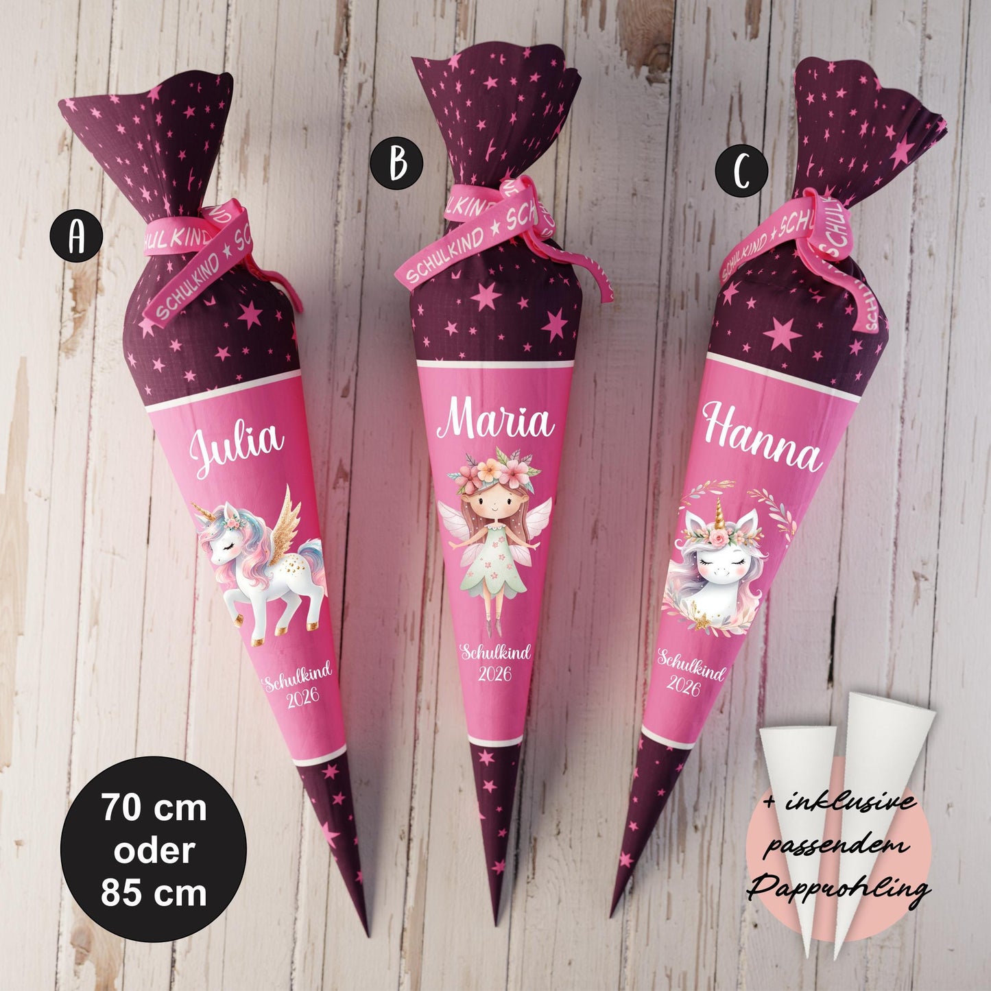 Schultüte: Einhorn, Fee - DIY Näh-Set 70 cm oder 85 cm - selber nähen oder fix&fertig genäht - Sterne Rosa Burgund inkl. Papprohling