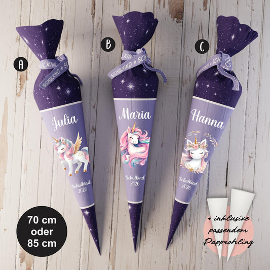 Schultüte: Einhorn, Fee, Elfe - DIY Näh-Set 70 cm oder 85 cm - selber nähen oder fix&fertig genäht - Weltall Nachtlila inkl. Papprohling