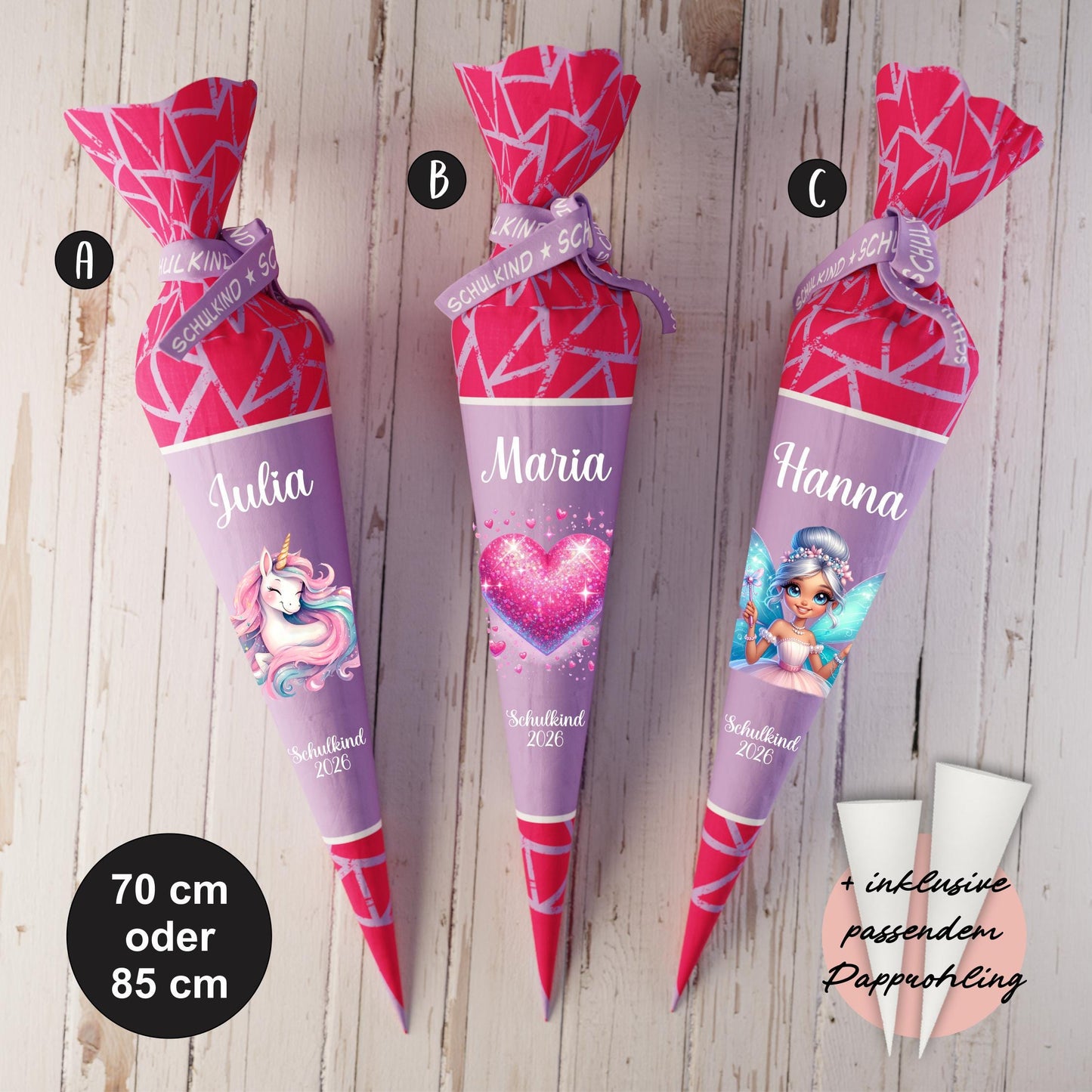 Schultüte: Fee, Herz, Einhorn - DIY Näh-Set 70 cm oder 85 cm - selber nähen oder fix&fertig genäht - Glamorous inkl. Papprohling