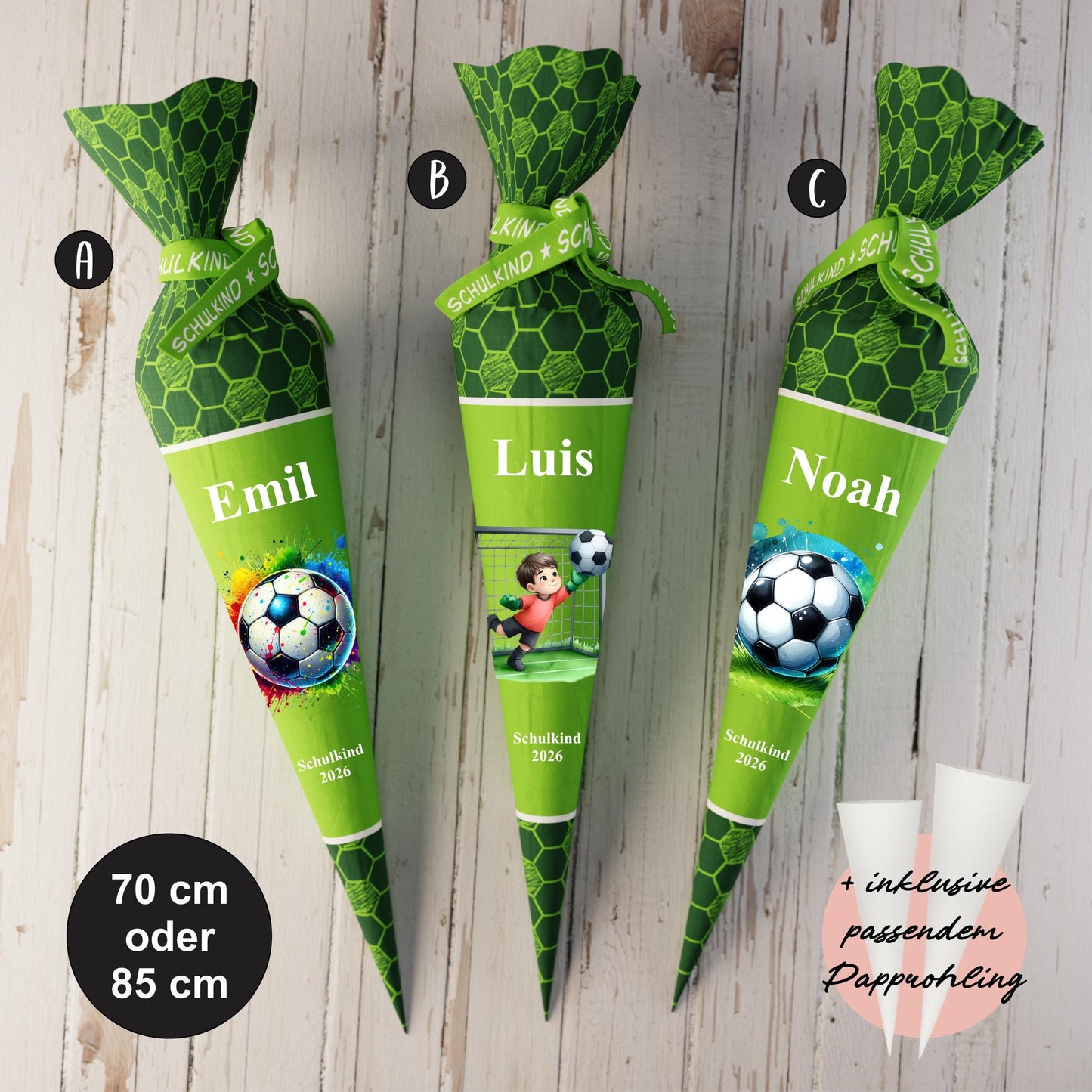 Schultüte: Fussball, Spieler - DIY Näh-Set 70 cm oder 85 cm - selber nähen oder fix&fertig genäht - Fussball hellgrün inkl. Papprohling