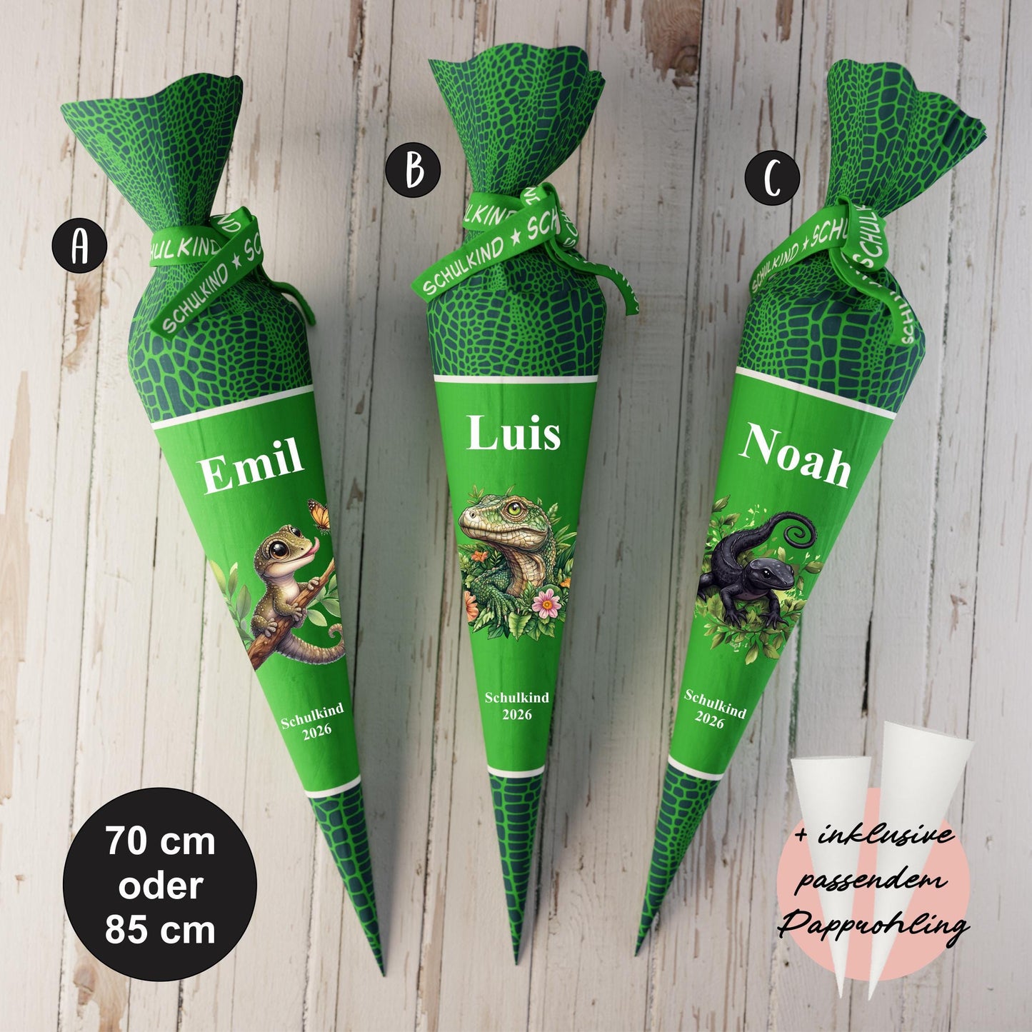 Schultüte: Eidechse, Gecko, Echse - DIY Näh-Set 70 cm oder 85 cm - selber nähen oder fix&fertig genäht - Eidechsenhaut inkl. Papprohling