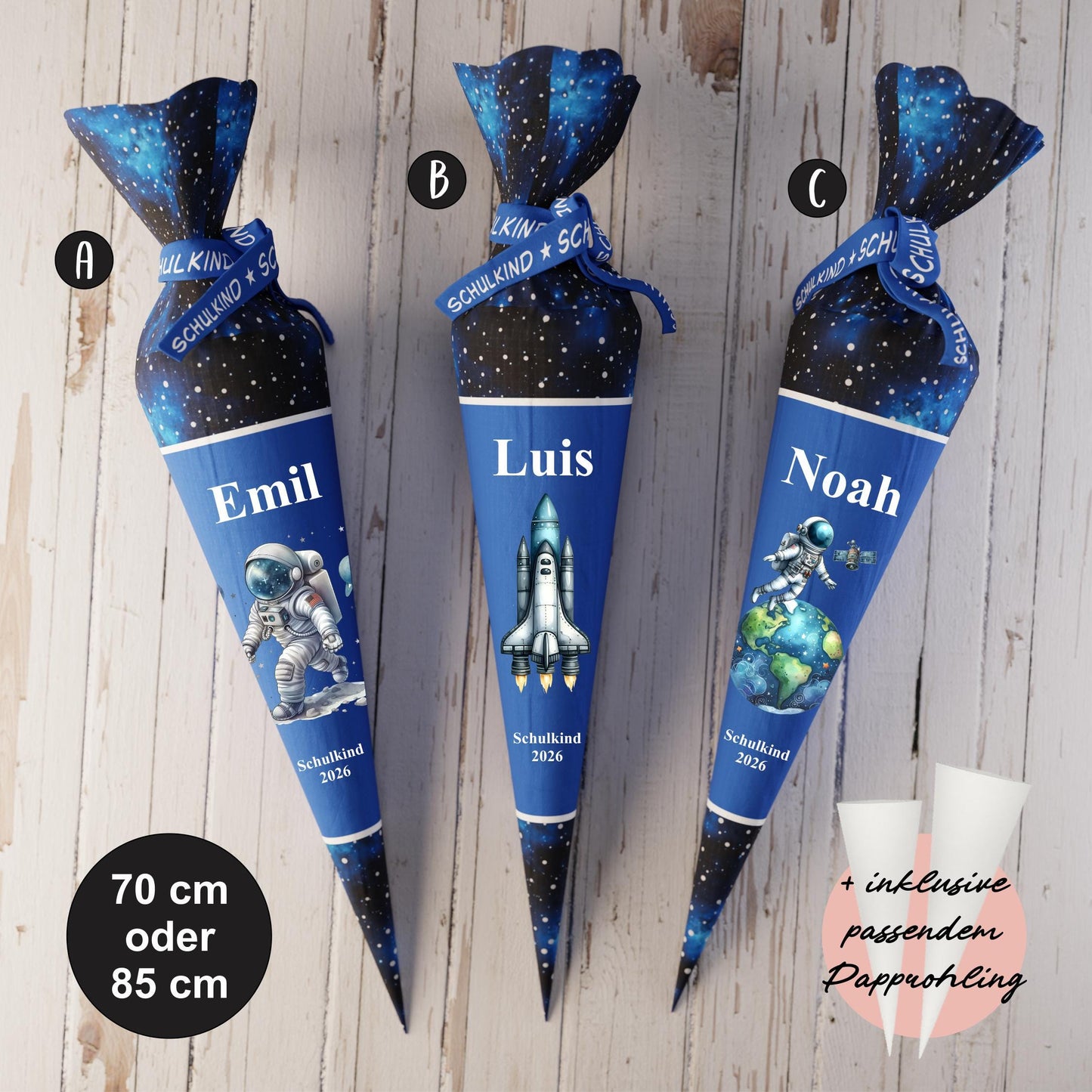 Schultüte: Astronaut, Rakete - DIY Näh-Set 70 cm oder 85 cm - selber nähen oder fix&fertig genäht - Nachthimmel Stella inkl. Papprohling