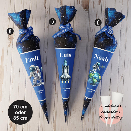 Schultüte: Astronaut, Rakete - DIY Näh-Set 70 cm oder 85 cm - selber nähen oder fix&fertig genäht - Nachthimmel Stella inkl. Papprohling